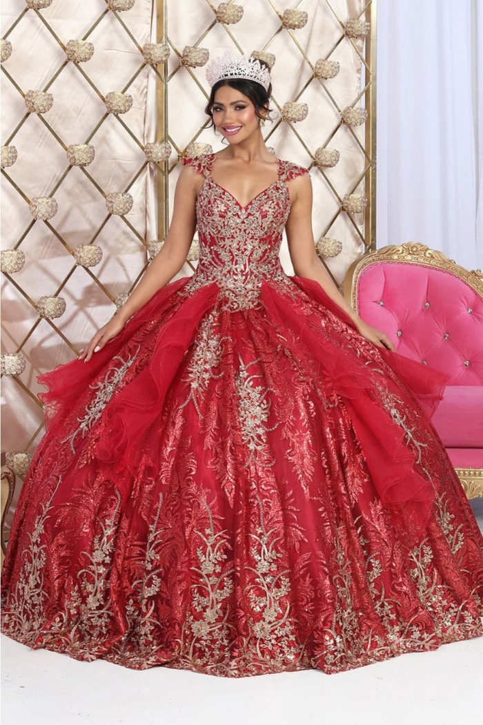 Layla K LK231 Glitter Tulle Gold Embroidered Prom Ball Gown - BURGUNDY/GOLD / 4 - Dress