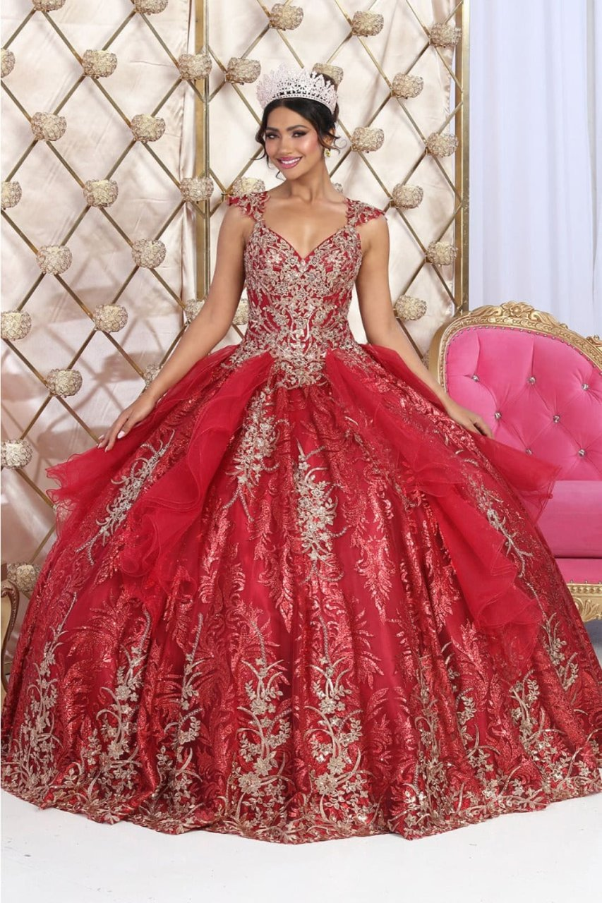 Layla K LK231 Glitter Tulle Gold Embroidered Prom Ball Gown - BURGUNDY/GOLD / 4 - Dress