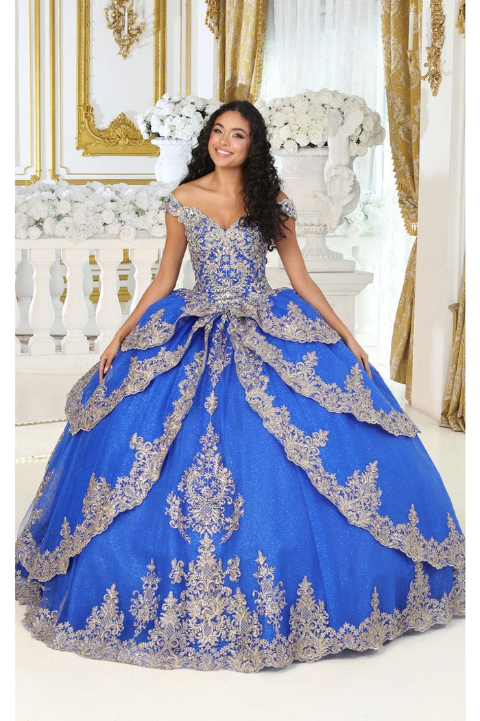 Layla K LK234 Glitter Mesh Embroidered Off Shoulder Ball Gown - ROYAL/GOLD / 4 - Dress
