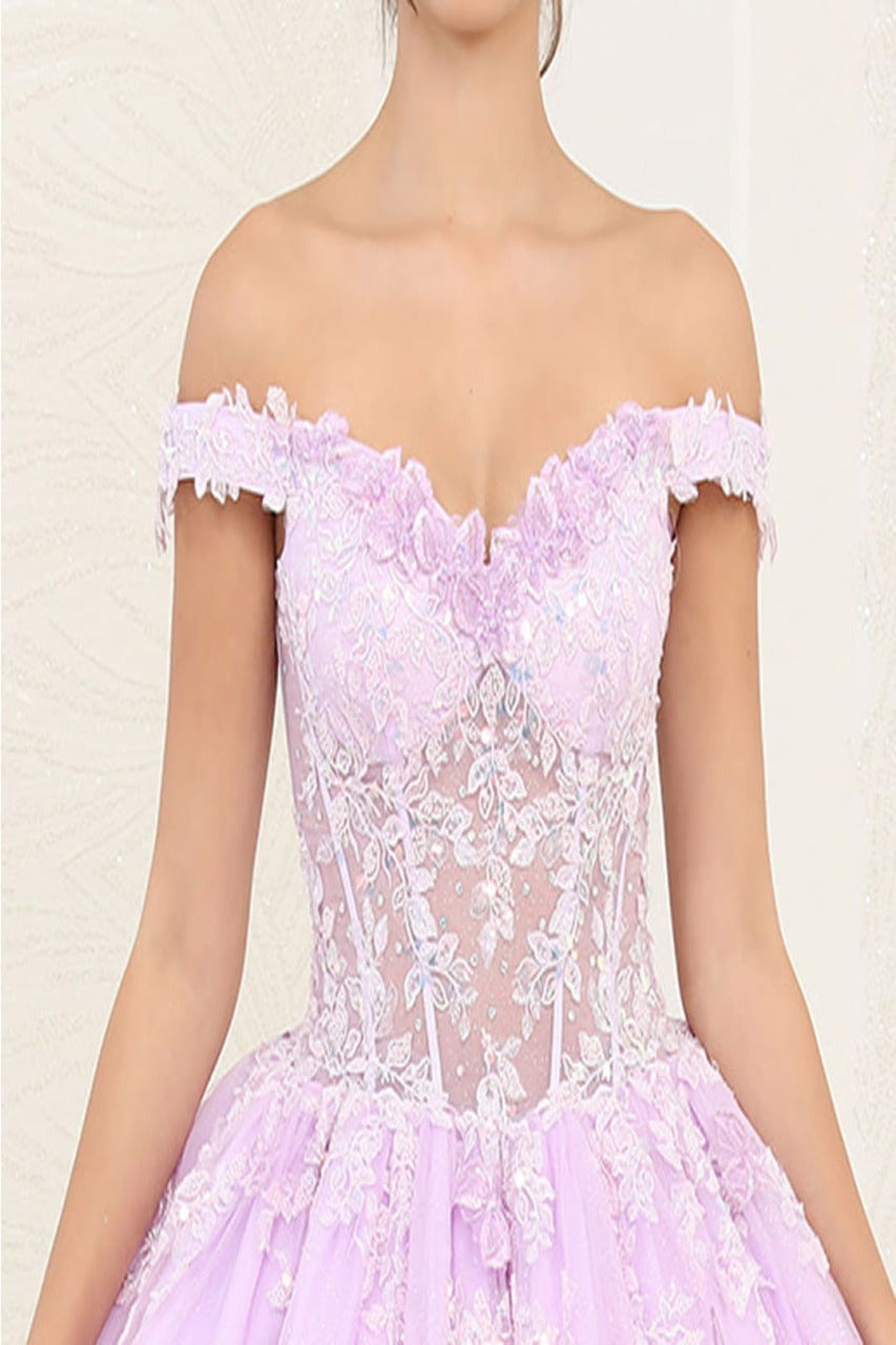 Layla K LK254 Off-Shoulder Glitter Embellished Lilac Quince Ball Gown - Dress