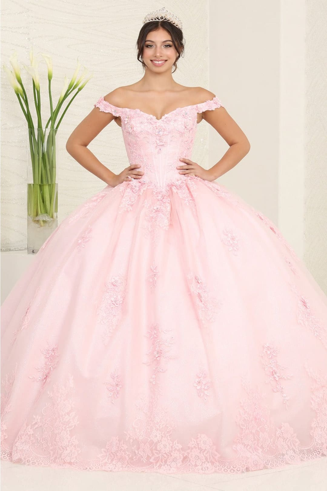 Layla K LK260 Floral Glitter Off-Shoulder Sweet16 Ball Gown - BLUSH / 4 - Dress – SuitUSA