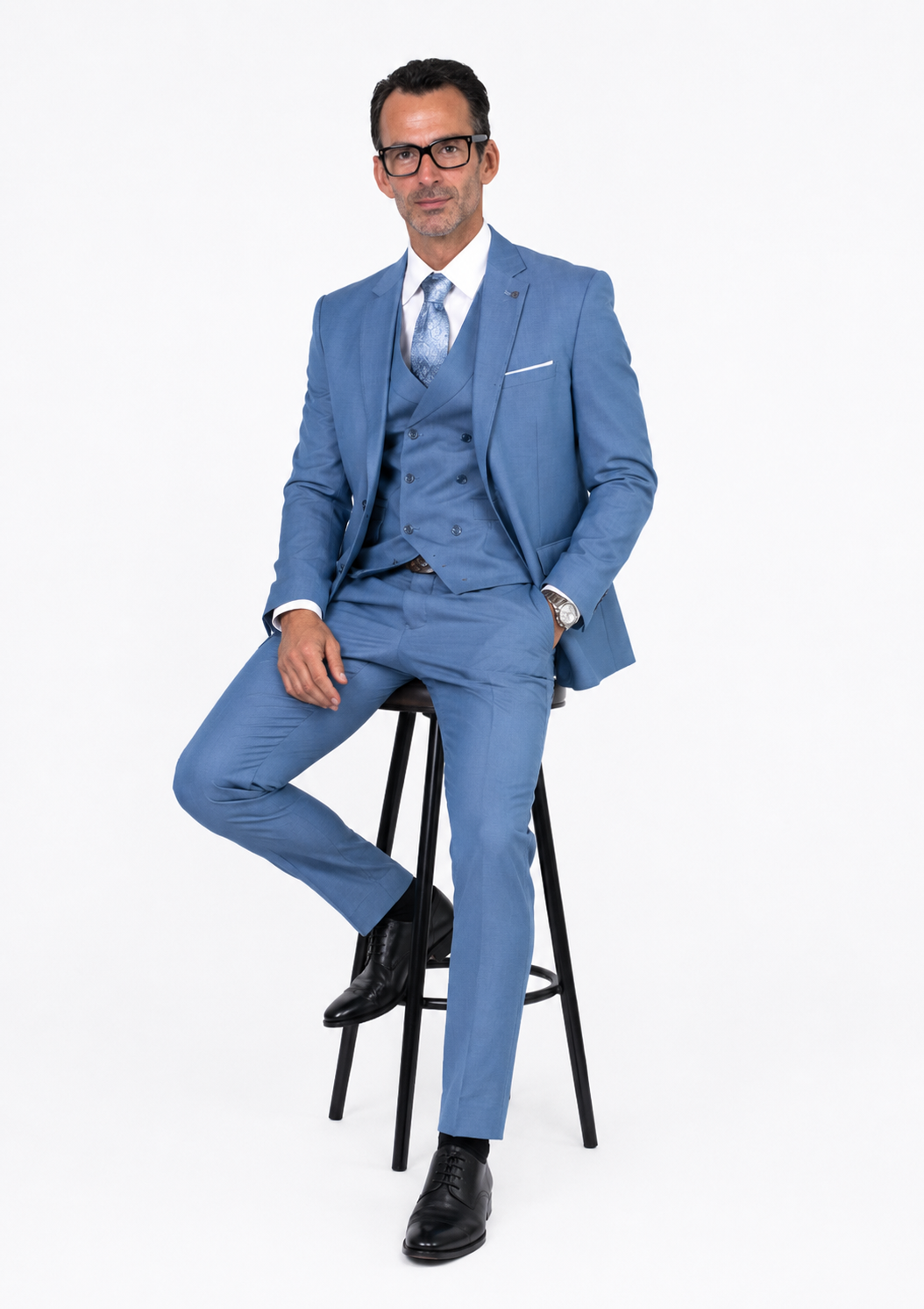 Men's Steel Blue Double Breasted Wool Suit
