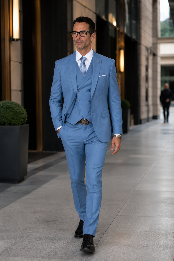 Men's Steel Blue Double Breasted Wool Suit