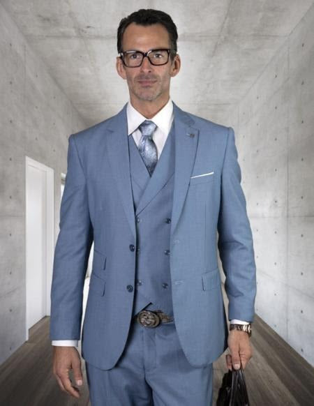 Men's Steel Blue Double Breasted Wool Suit