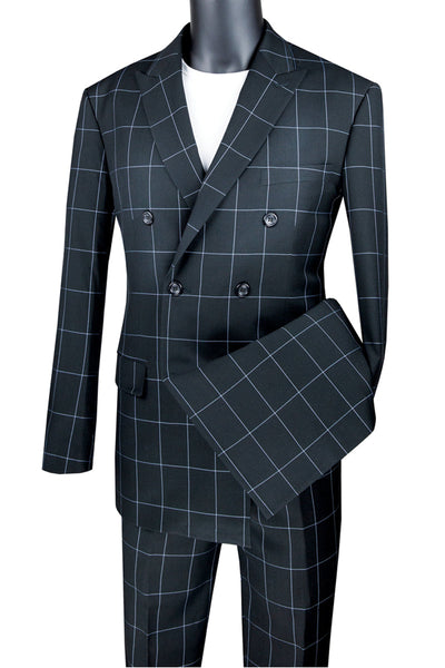 Men's Double Breasted Windowpane Plaid Suit in Black