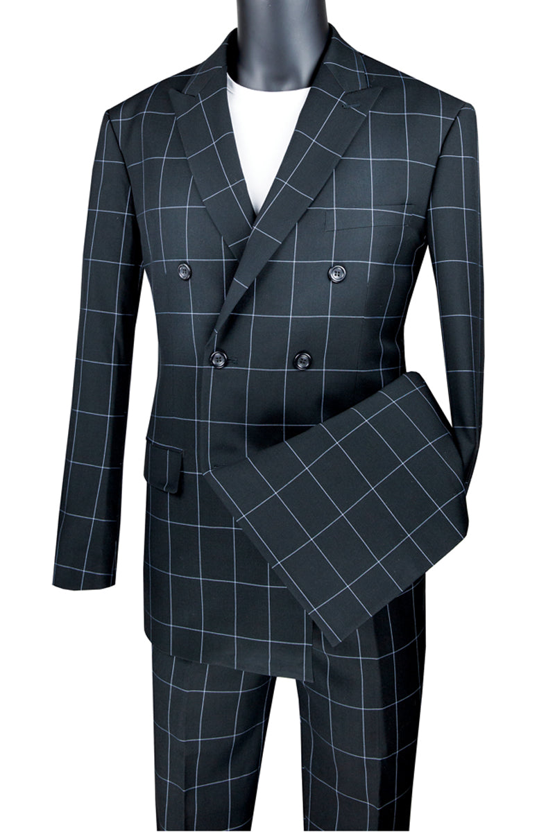 Men's Double Breasted Windowpane Plaid Suit in Black