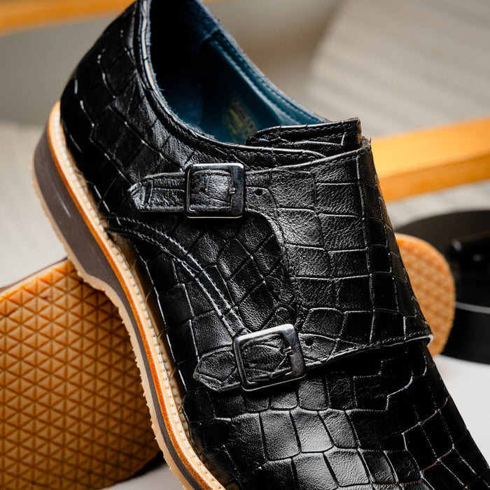 Zelli Legerra Hand Burnished Crocodile Print Monk Strap in Black