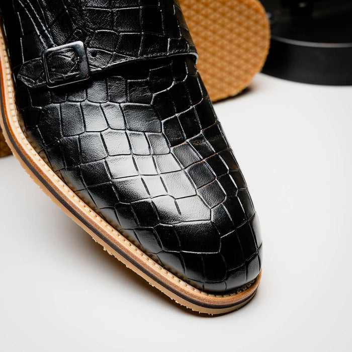 Zelli Legerra Hand Burnished Crocodile Print Monk Strap in Black