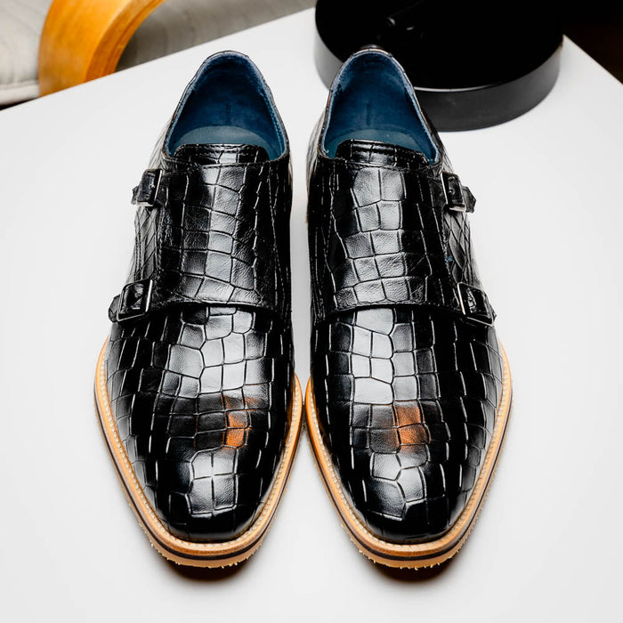 Zelli Legerra Hand Burnished Crocodile Print Monk Strap in Black