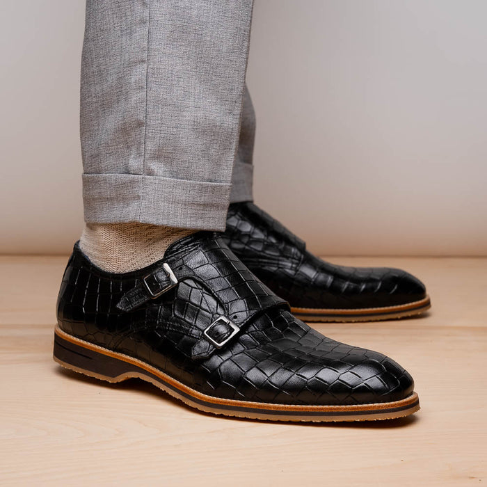 Zelli Legerra Hand Burnished Crocodile Print Monk Strap in Black