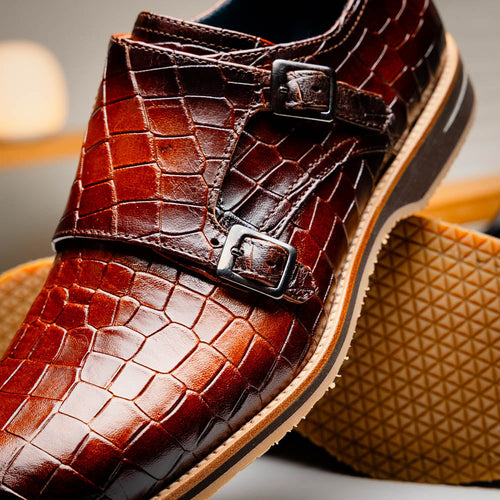 Zelli Legerra Hand-Burnished Crocodile Print Monk Strap in Cognac