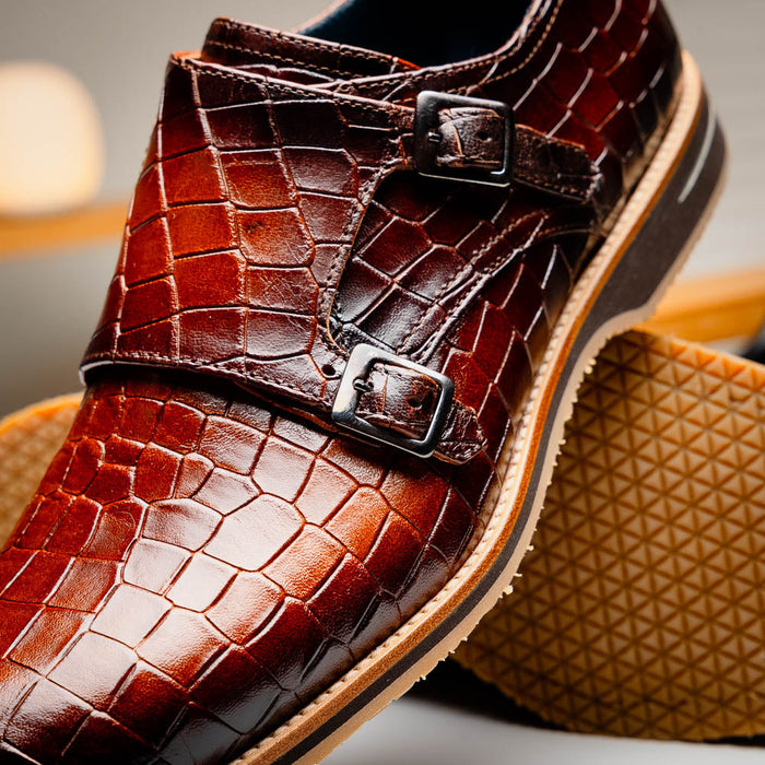 Zelli Legerra Hand-Burnished Crocodile Print Monk Strap in Cognac