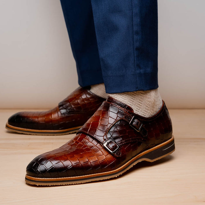 Zelli Legerra Hand-Burnished Crocodile Print Monk Strap in Cognac