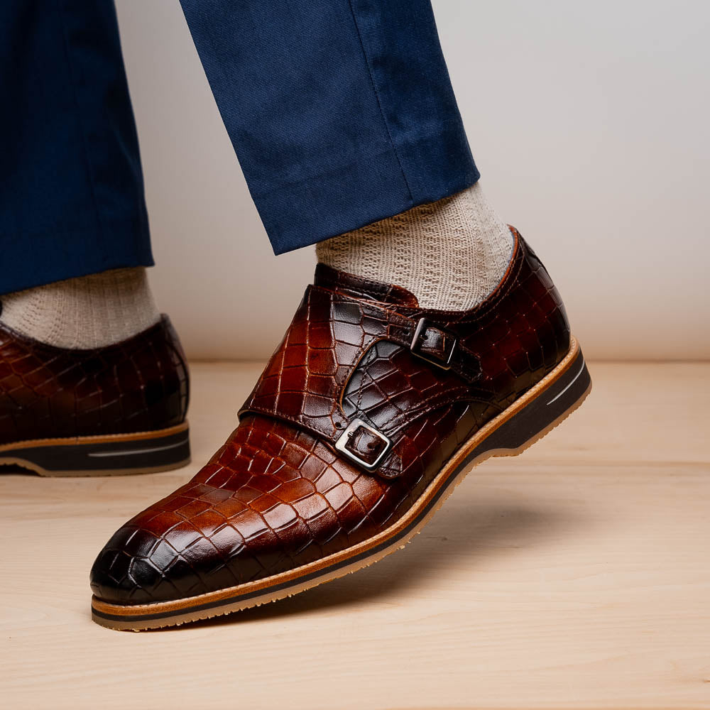 Zelli Legerra Hand-Burnished Crocodile Print Monk Strap in Cognac