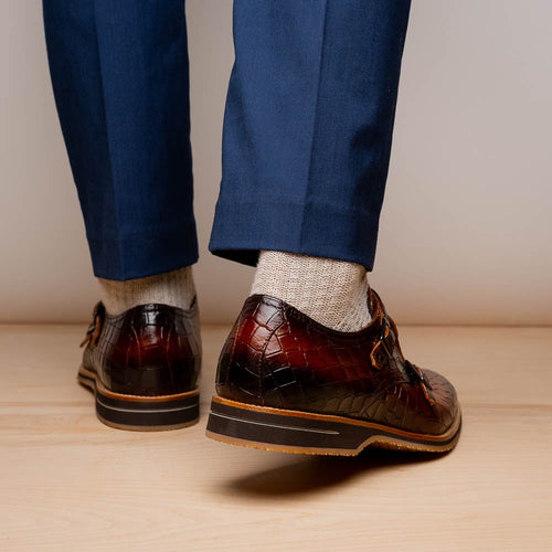 Zelli Legerra Hand-Burnished Crocodile Print Monk Strap in Cognac