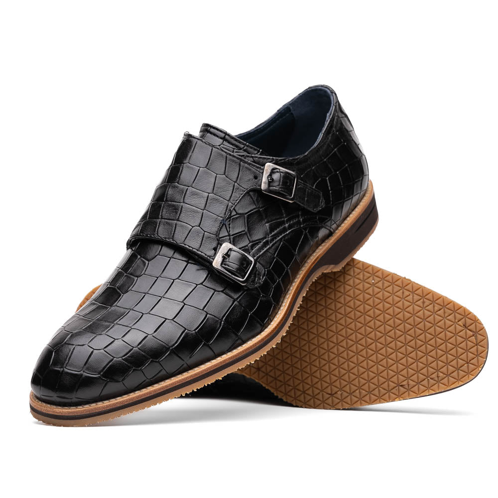 Zelli Legerra Hand Burnished Crocodile Print Monk Strap in Black