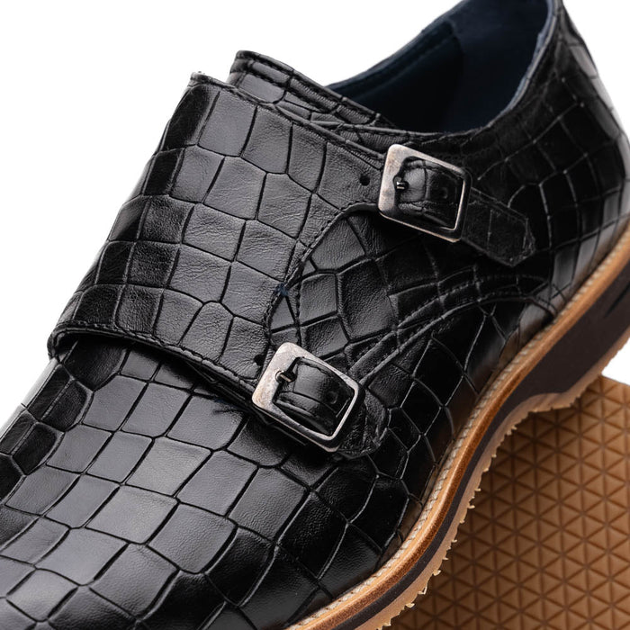 Zelli Legerra Hand Burnished Crocodile Print Monk Strap in Black