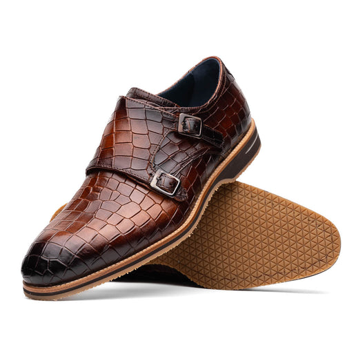 Zelli Legerra Hand-Burnished Crocodile Print Monk Strap in Cognac