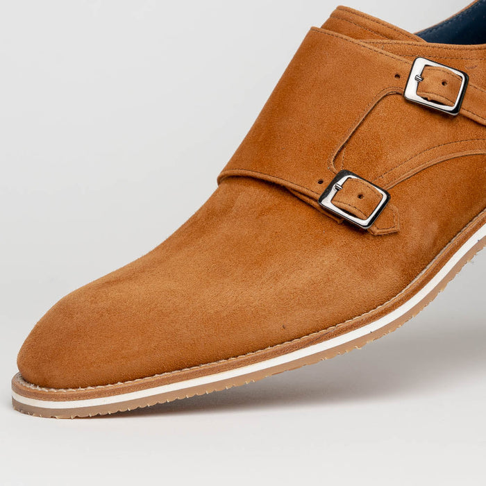 Zelli Legerra Contemporary Suede Monk Strap Dress Shoes in Cognac