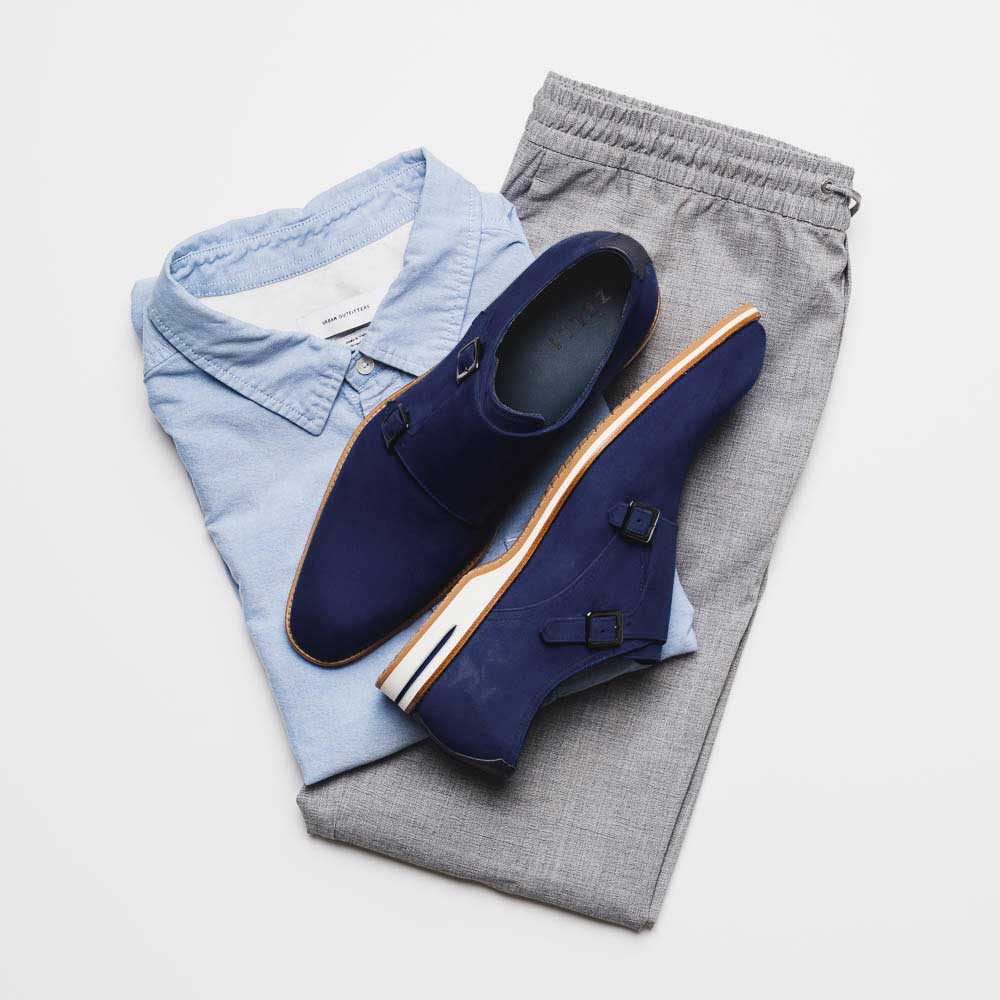 Zelli Legerra Suede Goatskin Double Monkstrap Shoes in Navy