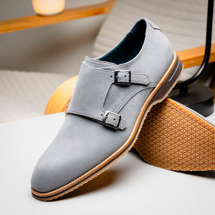Zelli Legerra Contemporary Goat Suede Monk Strap Shoes in Grey