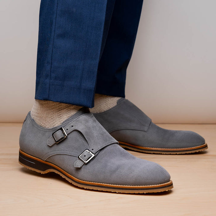 Zelli Legerra Contemporary Goat Suede Monk Strap Shoes in Grey