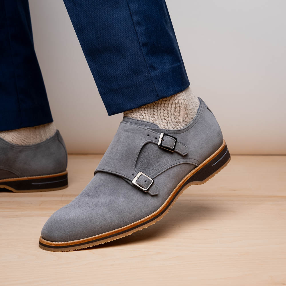 Zelli Legerra Contemporary Goat Suede Monk Strap Shoes in Grey