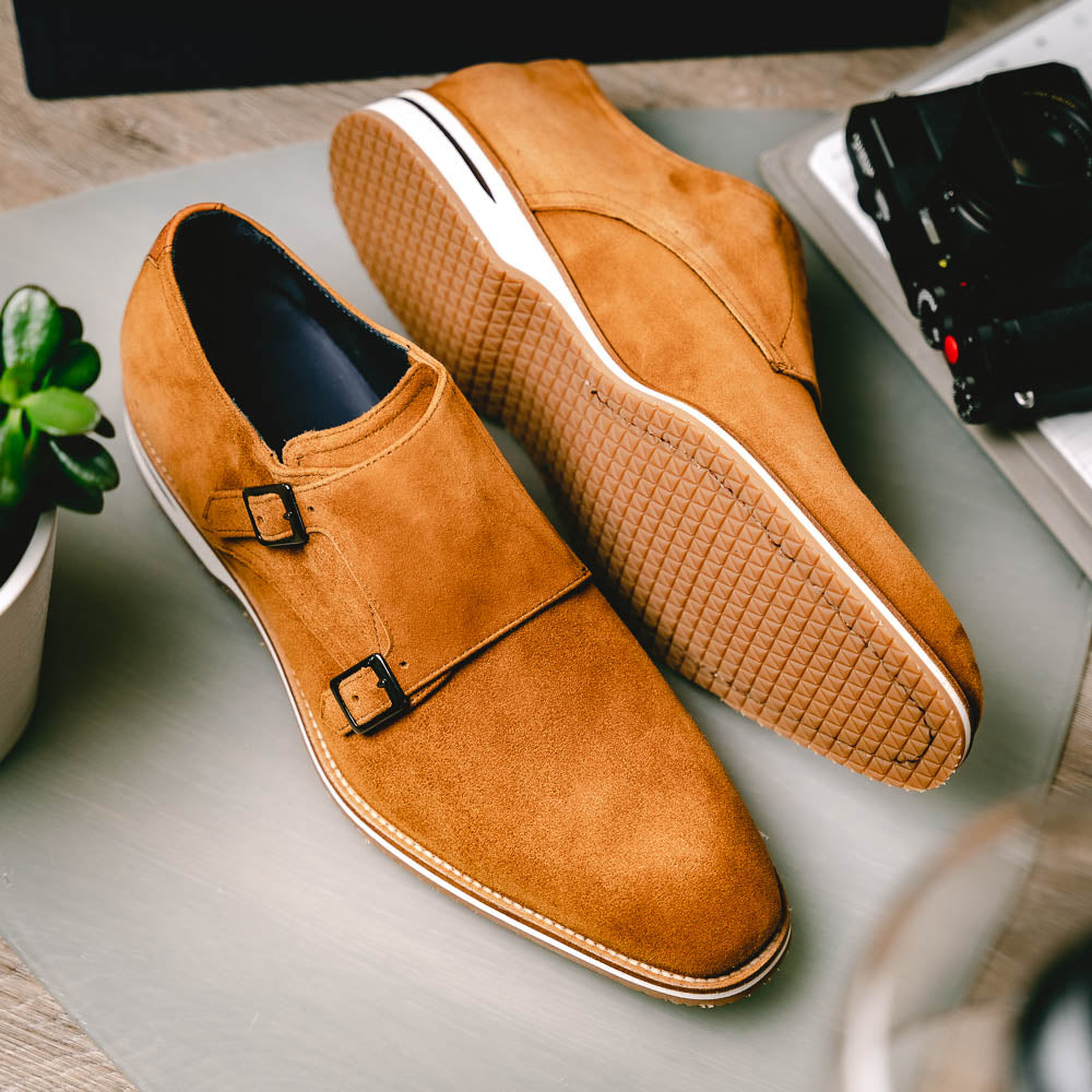 Zelli Legerra Contemporary Suede Monk Strap Dress Shoes in Cognac