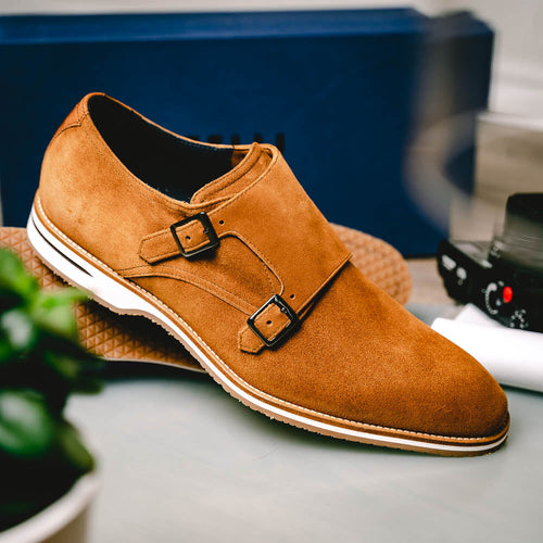 Zelli Legerra Contemporary Suede Monk Strap Dress Shoes in Cognac