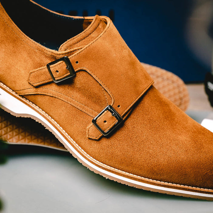 Zelli Legerra Contemporary Suede Monk Strap Dress Shoes in Cognac