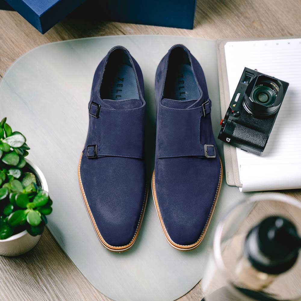 Zelli Legerra Suede Goatskin Double Monkstrap Shoes in Navy