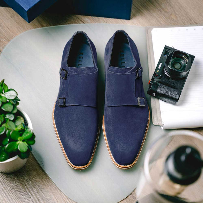 Zelli Legerra Suede Goatskin Double Monkstrap Shoes in Navy