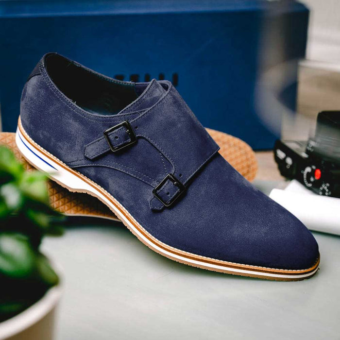 Zelli Legerra Suede Goatskin Double Monkstrap Shoes in Navy