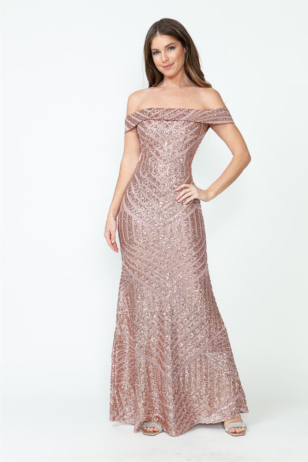 LENOVIA 5224 Off Shoulder Sequined Long Formal Dress