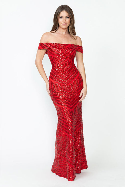 LENOVIA 5224 Off Shoulder Sequined Long Formal Dress
