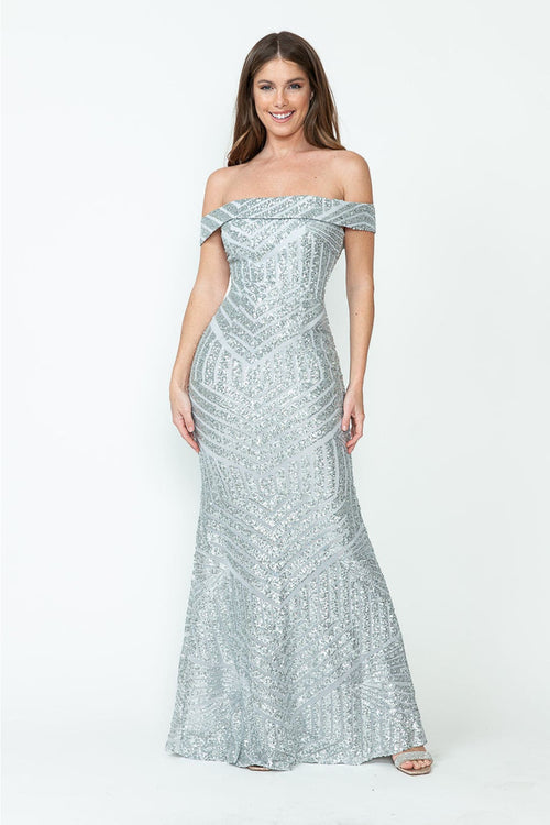 LENOVIA 5224 Off Shoulder Sequined Long Formal Dress