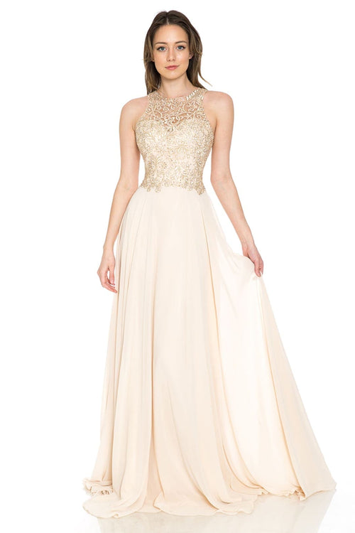 Lenovia 8169 Sleeveless Halter Long Embroidered Formal Gown