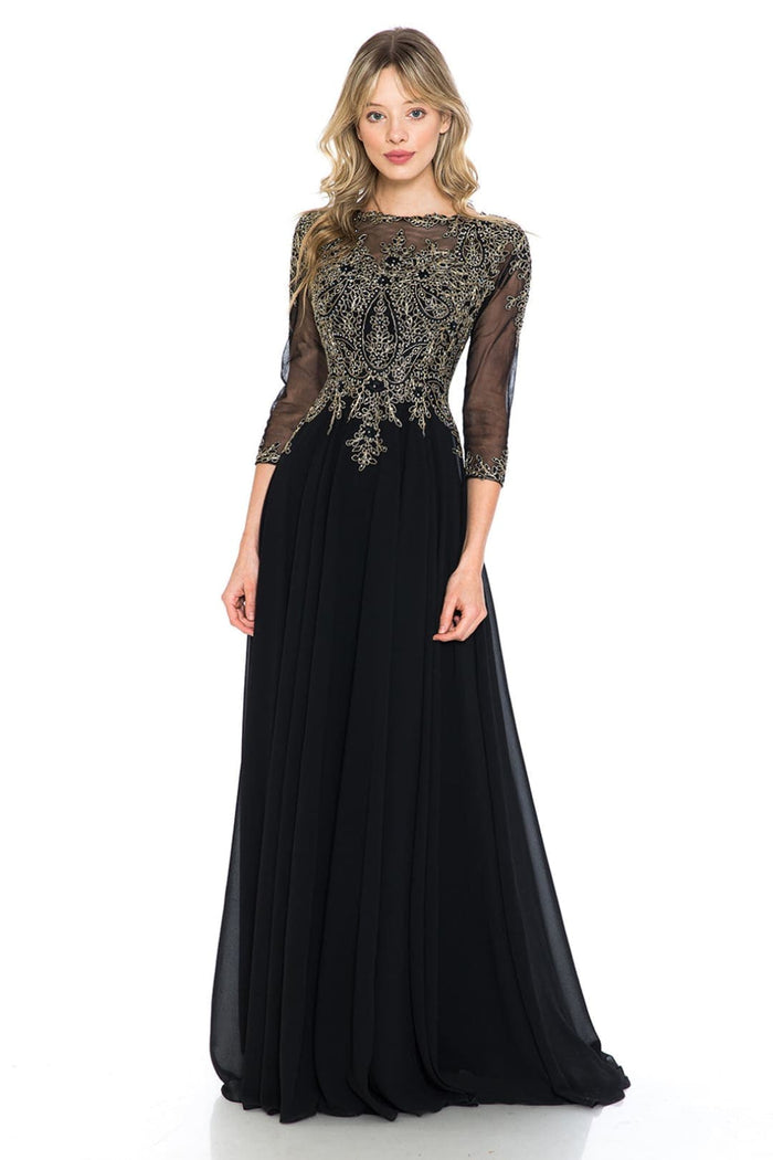 Embroidered 3/4 Sleeve Mother Of The Bride Dress Modest Evening Gown