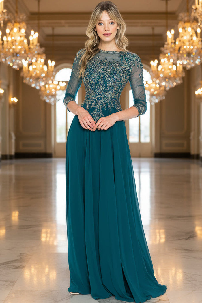Embroidered 3/4 Sleeve Mother Of The Bride Dress Modest Evening Gown