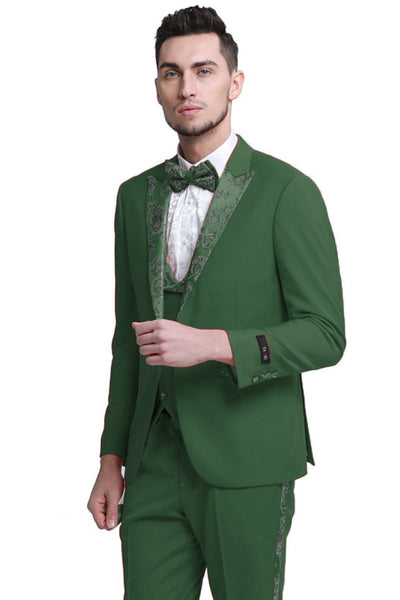 Men's Hunter Green Prom & Wedding Tuxedo - One Button Vested with Floral Peak Lapel by Tazzio
