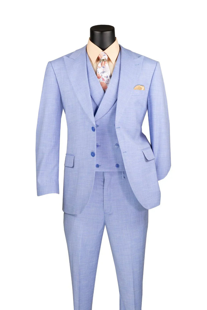 Light Blue Modern Fit 3-Piece Suit with Lapel Vest & Adjustable Pants by Vinci
