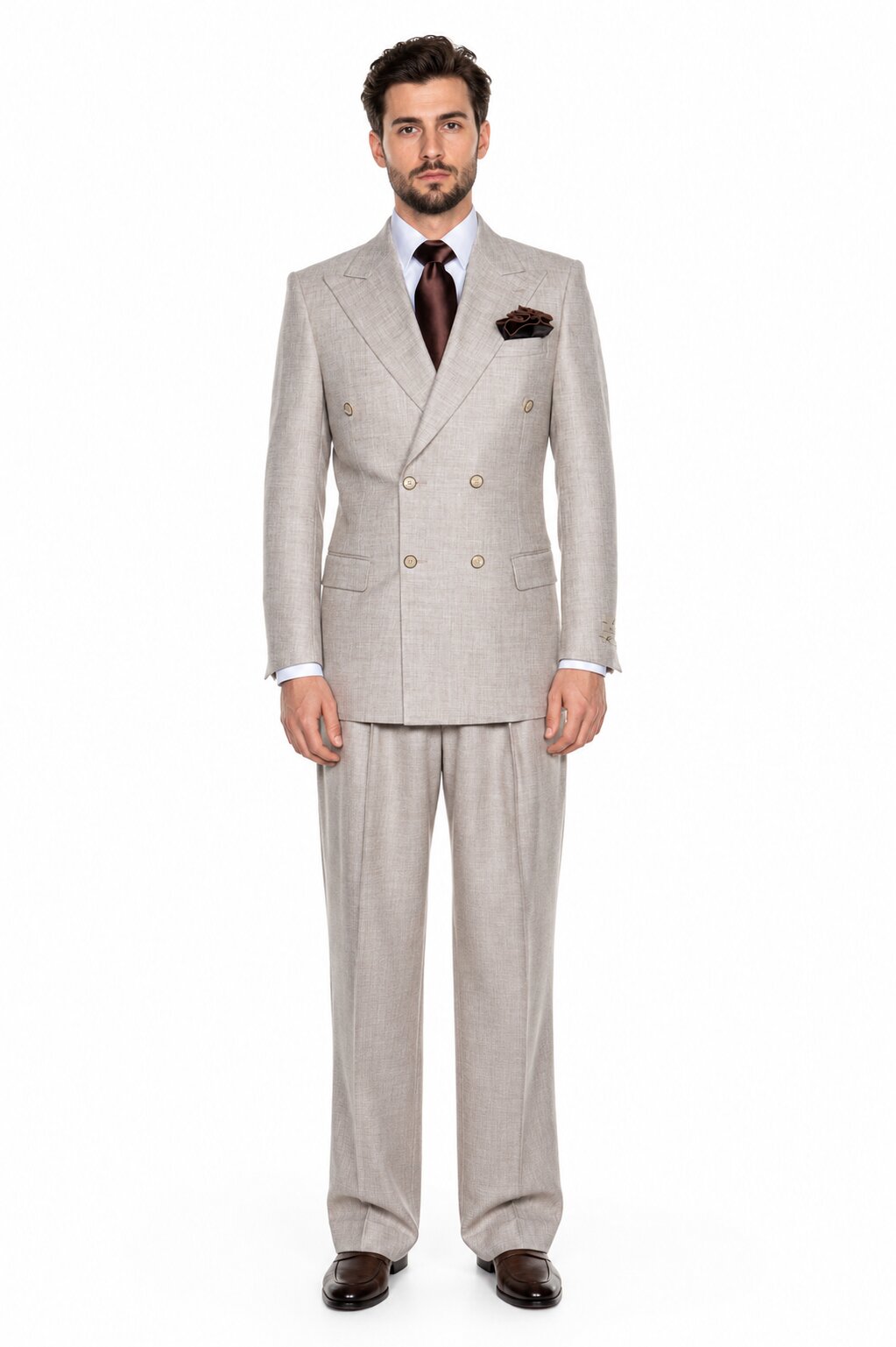 Suits With Baggy Pleated Pants - Wide Leg Pants 100% Wool - Classic Fit in Light Brown Color by Rossiman USA Men's Outlet – SuitUSA