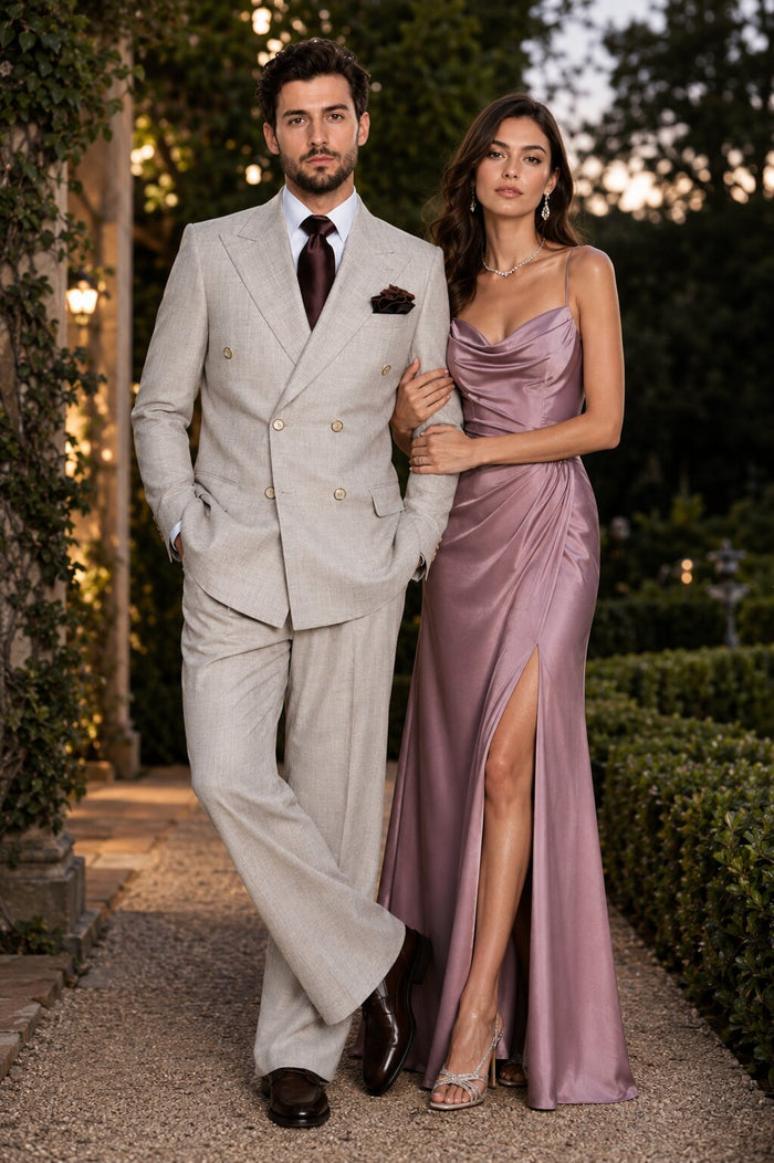 Suits With Baggy Pleated Pants - Wide Leg Pants 100% Wool - Classic Fit in Light Brown Color by Rossiman USA Men's Outlet