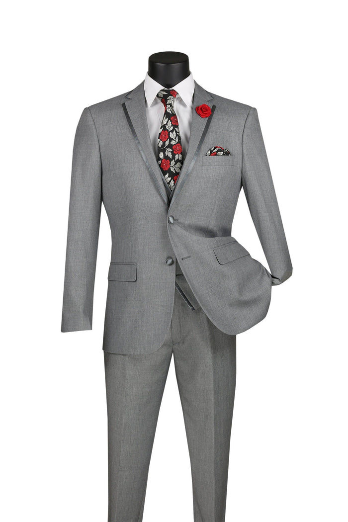 Light Gray Trimmed Lapel Slim Fit 3 Piece Suit by Vinci