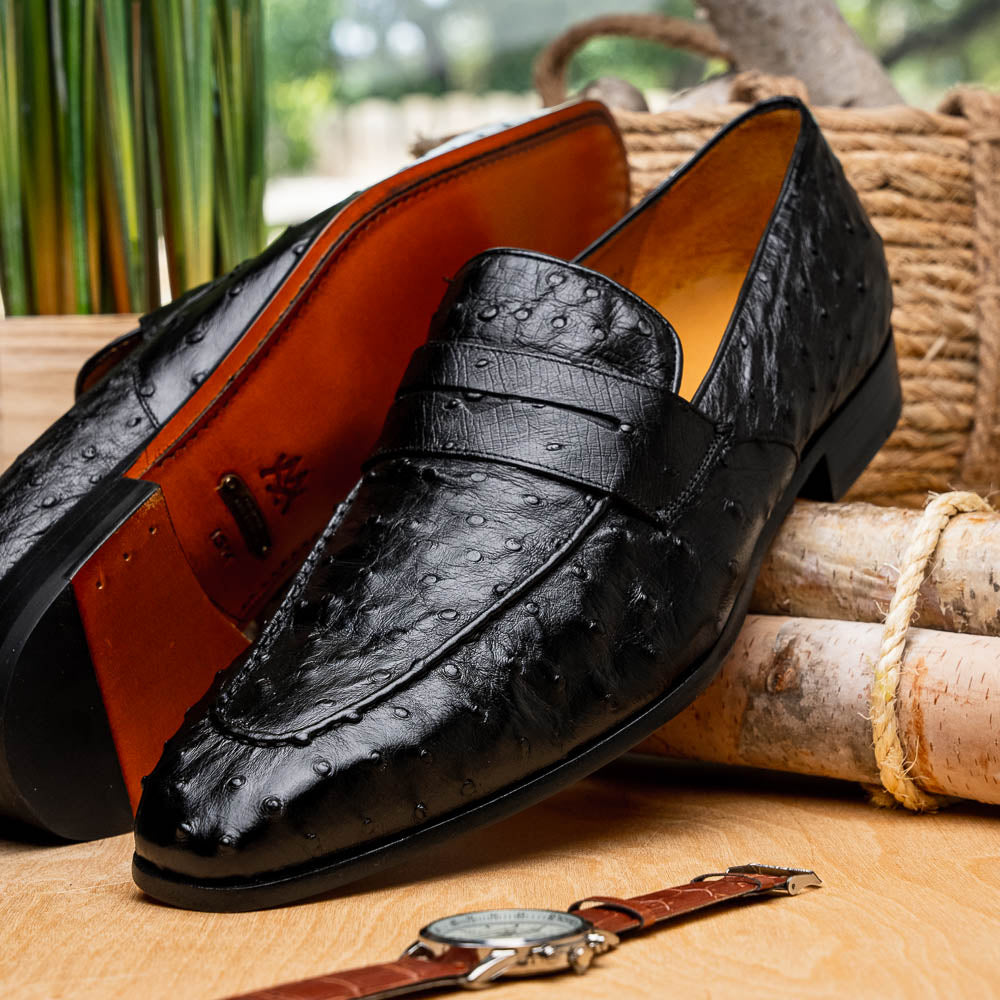 Mezlan Lisbon Ostrich Quill Penny Loafers Black (4561-S)
