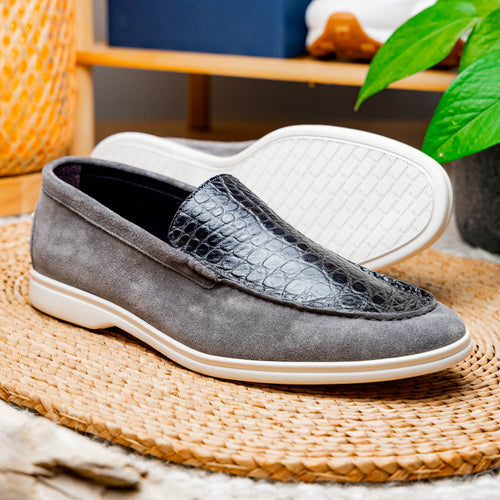 Zelli Bene Sueded Goatskin and Crocodile Loafer in Grey