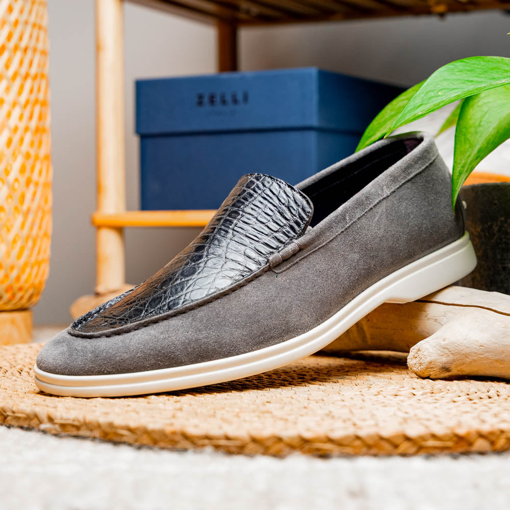 Zelli Bene Sueded Goatskin and Crocodile Loafer in Grey