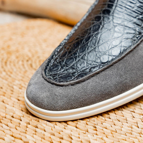Zelli Bene Sueded Goatskin and Crocodile Loafer in Grey