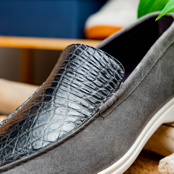 Zelli Bene Sueded Goatskin and Crocodile Loafer in Grey