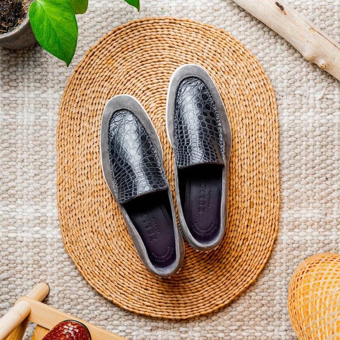 Zelli Bene Sueded Goatskin and Crocodile Loafer in Grey